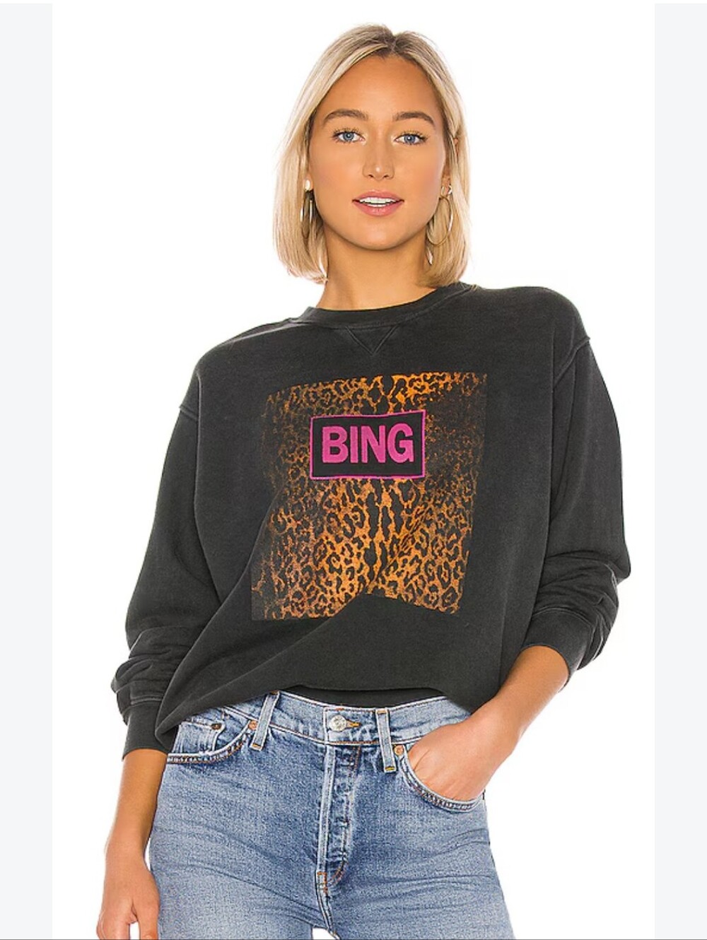 Anine Bing Crew Neck Sweatshirt Size XS Animal Print Logo Ramona In Washed Black